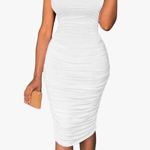 Amazon White Ruched Asymmetrical Bodycon Midi Dress